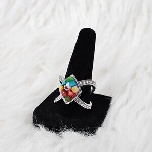 Millefiori Glasswork New Silver Tone Austrian Crystals Stainless Steel Ring